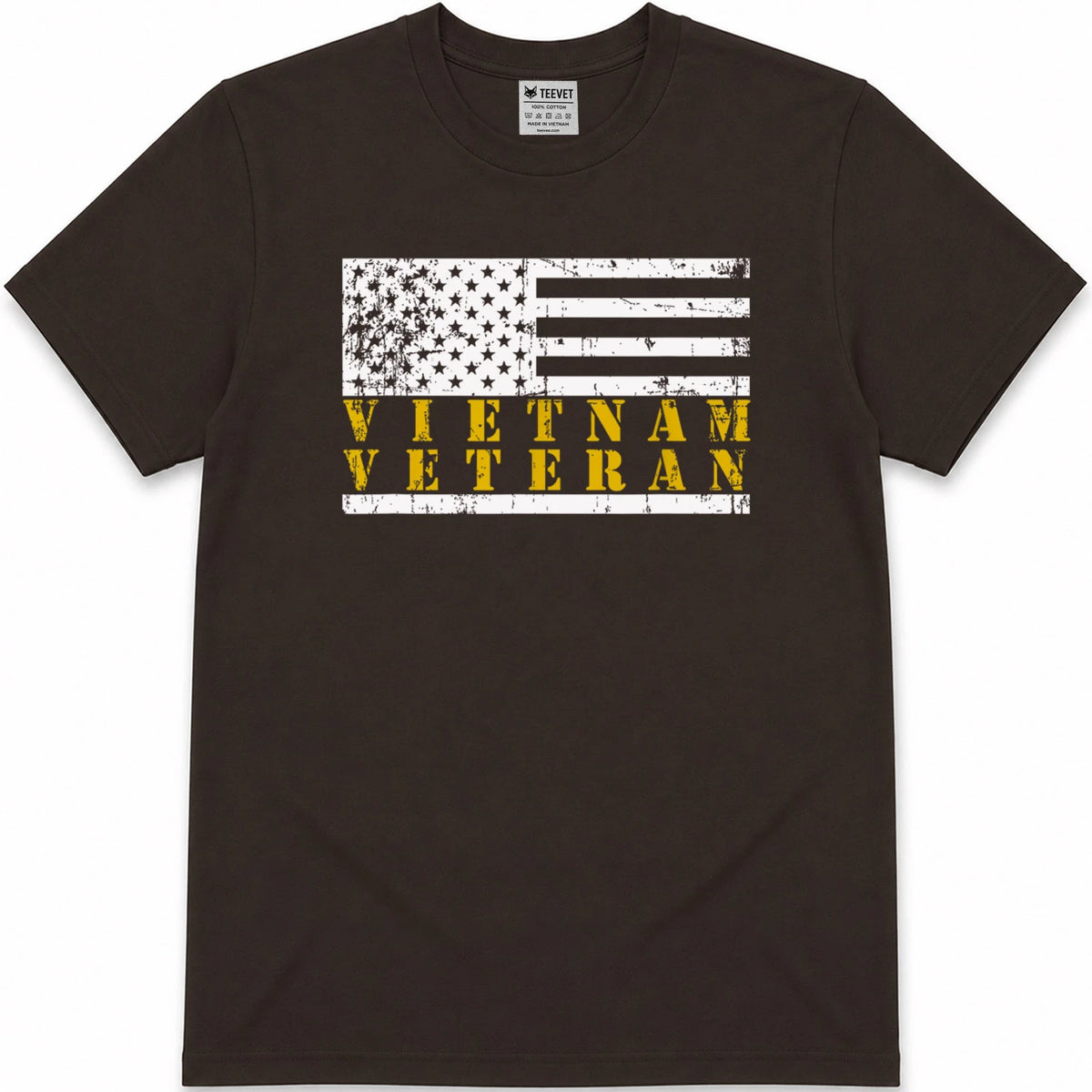 Vietnam Veteran Yellow Text Distressed American Flag T-Shirt