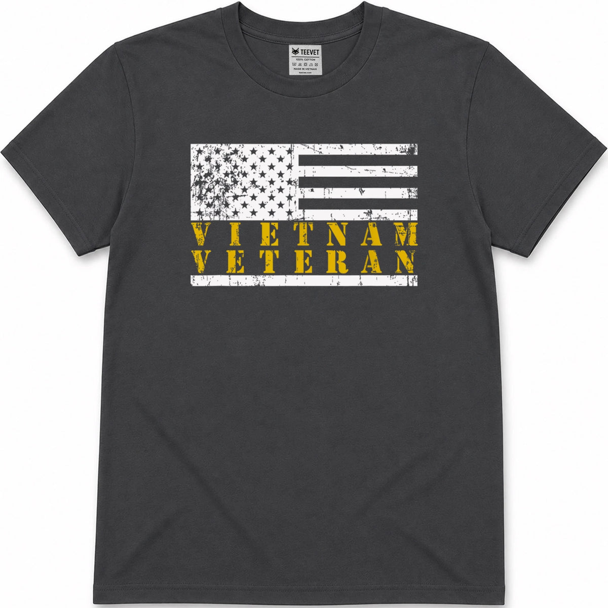 Vietnam Veteran Yellow Text Distressed American Flag T-Shirt