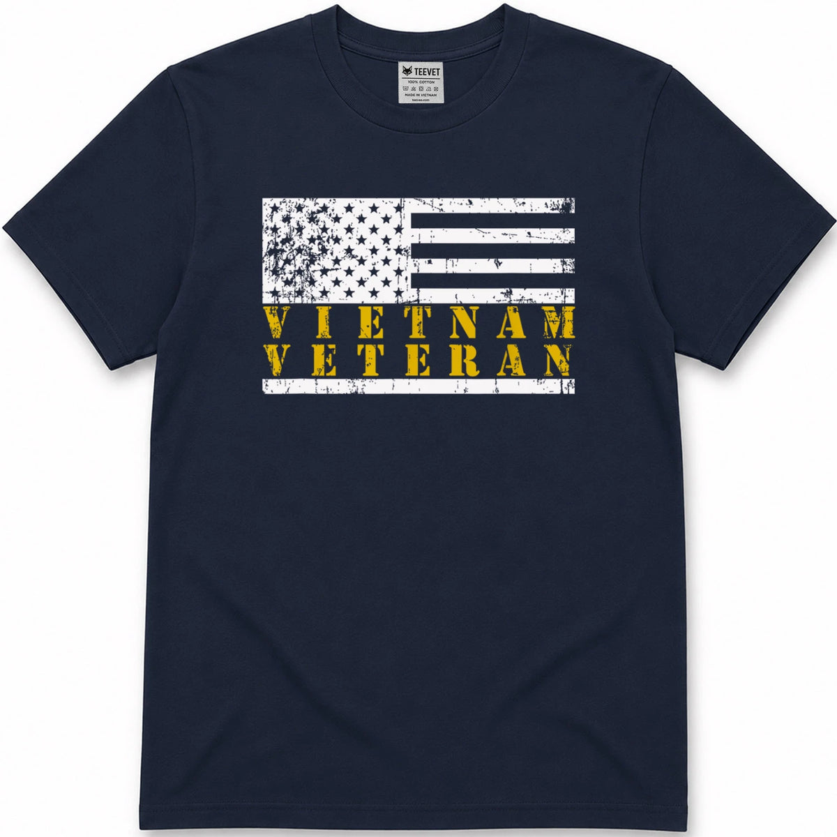 Vietnam Veteran Yellow Text Distressed American Flag T-Shirt