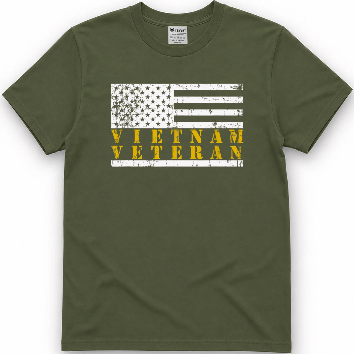 Vietnam Veteran Yellow Text Distressed American Flag T-Shirt